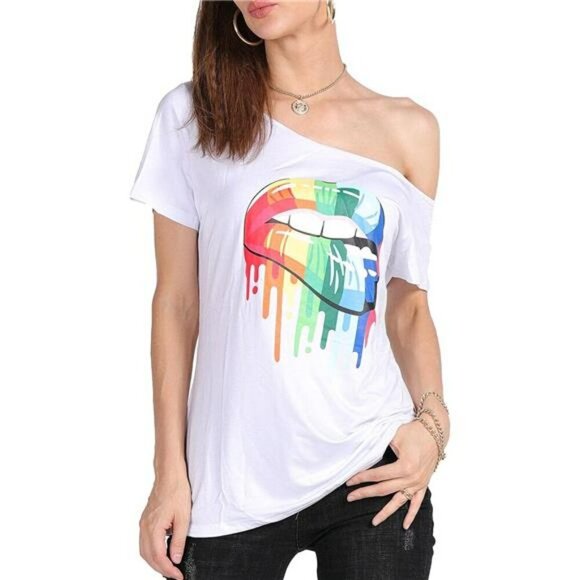 Womens Plus Size Lips Print Off Shoulder T Shirt Casual Summer Top Short Sleeve - Picture 3 of 8